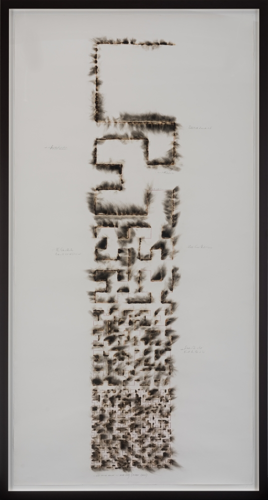 JITISH KALLAT,&amp;nbsp;

Wind Study (Hilbert Curve), 2018,

Burnt adhesive and graphite on Arches paper

95.2 in x 50.3 in / 242 cm x 128