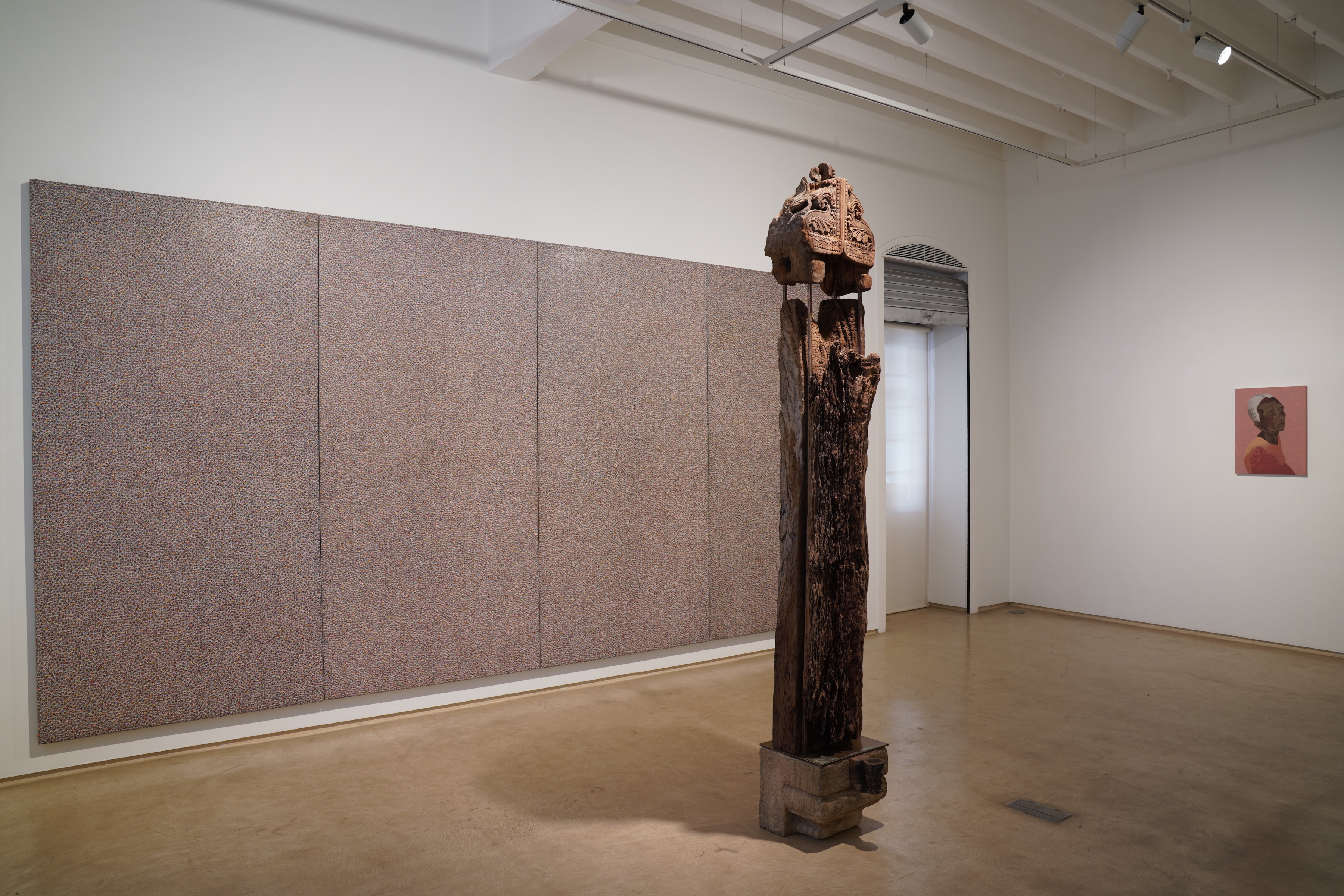 ARUN K.S.,&amp;nbsp;Untitled, 2020

Sculpture: Found wood, Sandstone and Brass, 108 x 18 x 12 in / 274.3 x 45.7 x 30.4 cm

Painting: Natural pigments, watercolour and ink on raw canvas primed with rice paper and Bible pulp, 96 x 192 in / 243.8 x 487.6 cm&amp;nbsp;